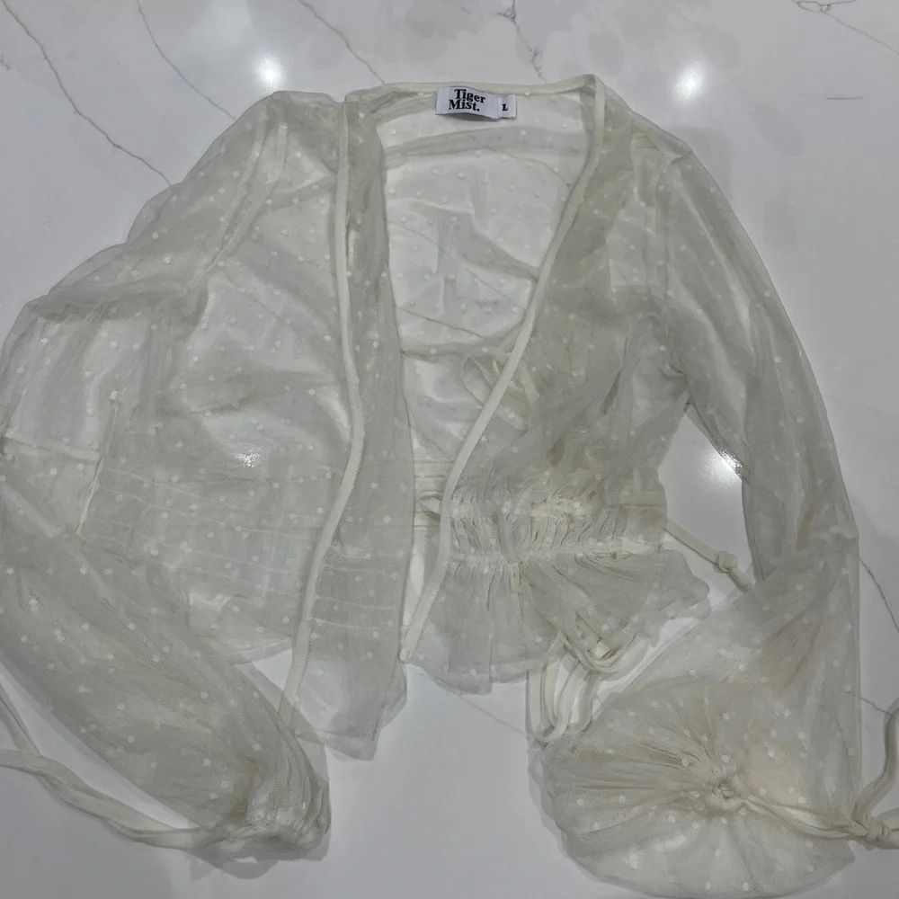 Tiger Mist Sheer White Polka Dot Blouse, L - Picture 1 of 2